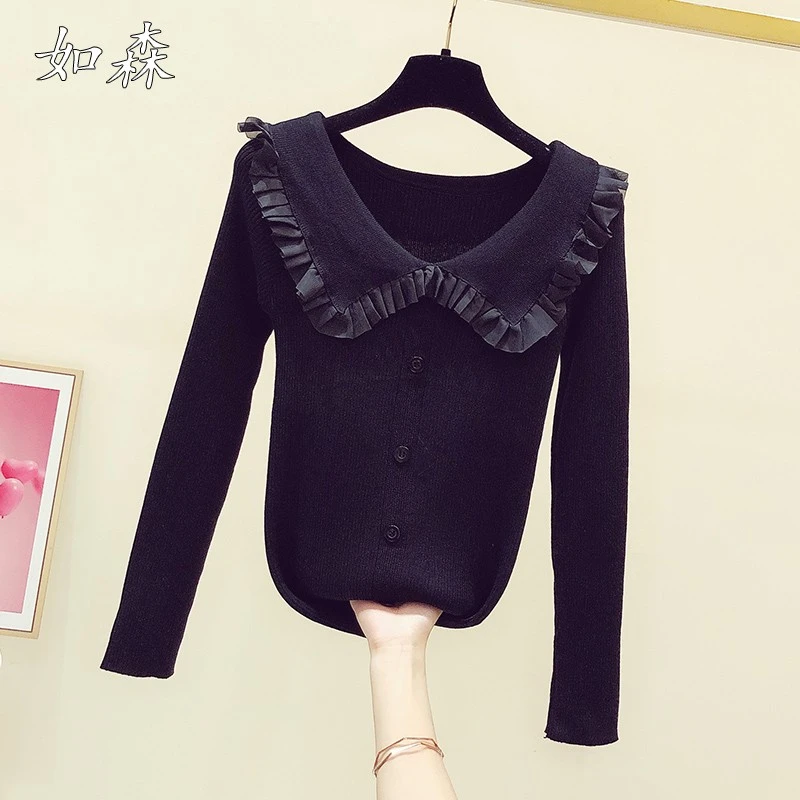 2025秋冬新款韩版时尚木耳边娃娃领长袖修身针织衫女显瘦打底毛衣