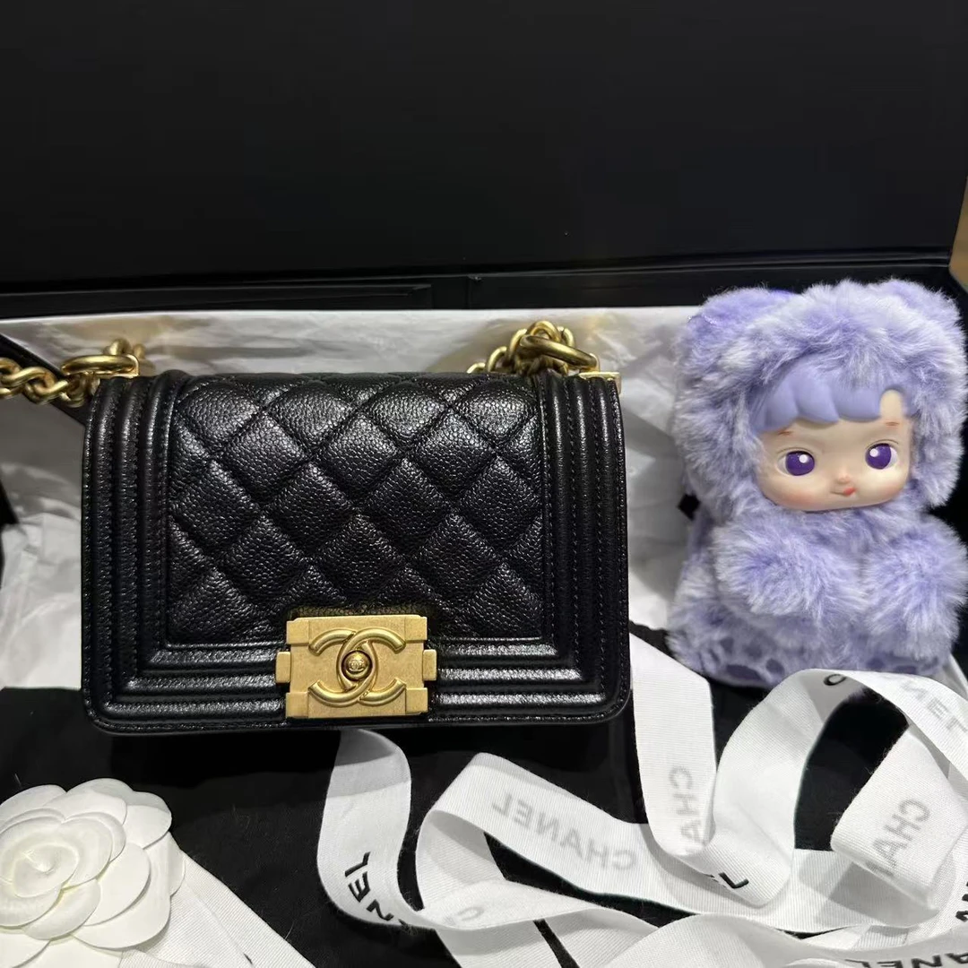 99新 Chanel/香奈儿 芯片黑金荔枝牛皮leboy mini 15cm单肩斜挎包