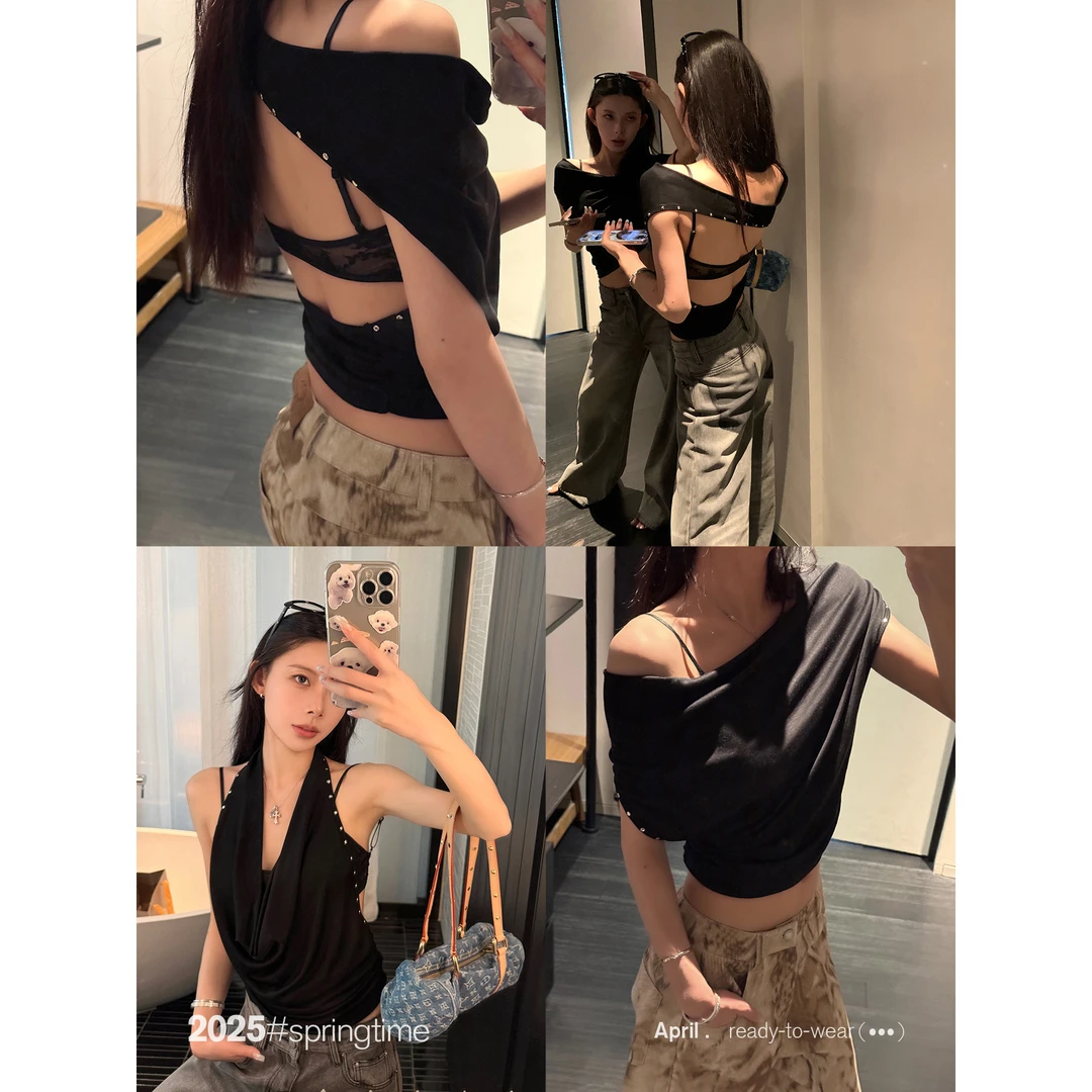 SUNONEONE 天丝荡领铆钉挂脖吊带背心女夏法式纯色辣妹上衣H1015D