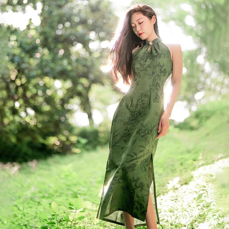 【挽苏】5303绿色新中式改良旗袍年轻款气质日常挂脖国风连衣裙显瘦