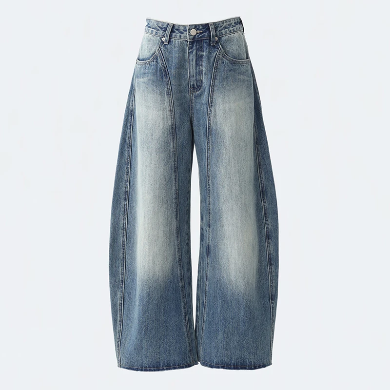 美式复古高街宽松毛边百搭阔腿牛仔裤女设计感显瘦高腰垂感弯刀裤