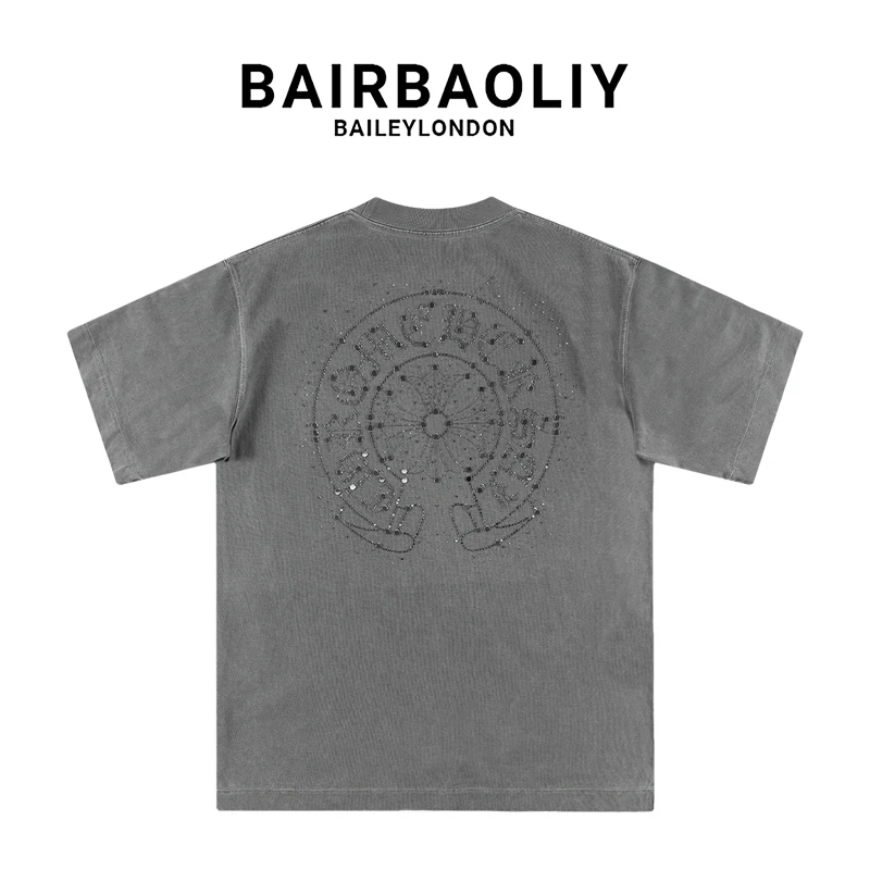 BAIRBAOLIY复古做旧时尚轻奢休闲短袖T恤重磅烫钻新款上衣2025春