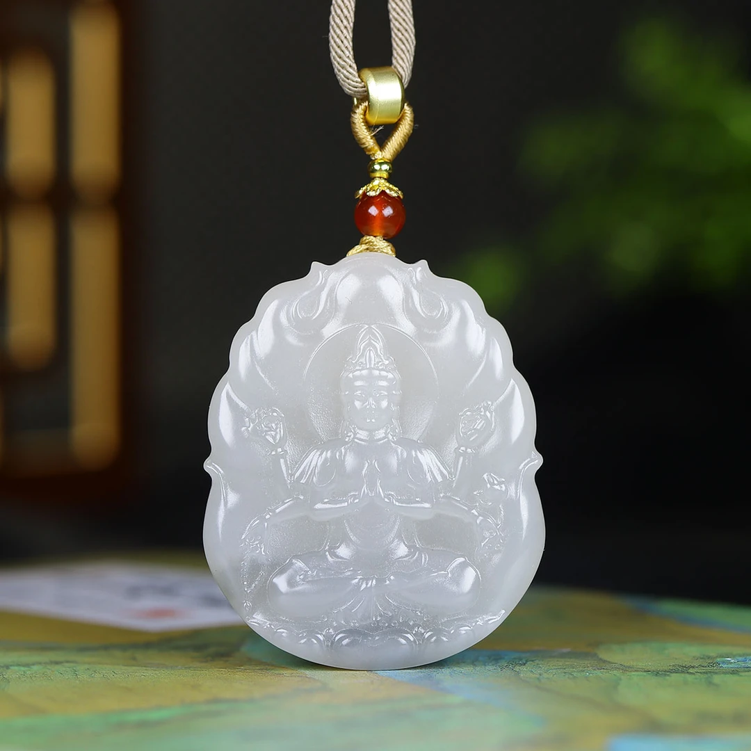 1107173和田玉烟紫千手观音挂件