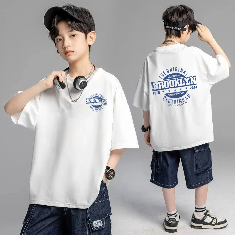 2025新款男童短袖烫印夏季字母印花宽松型T恤洋气t儿童恤纯棉男童