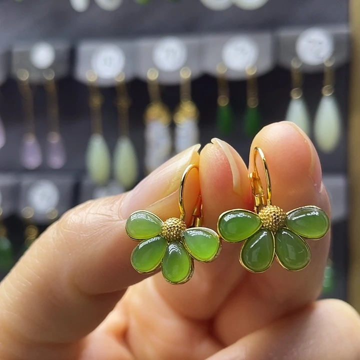 和田玉银S925镀金镶嵌耳饰