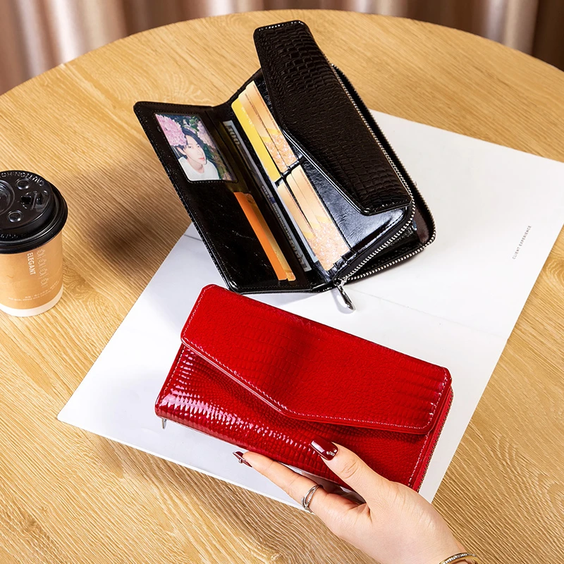 鳄鱼纹真皮双层大容量钱包多卡位卡包大钞夹放手机防消磁休闲手包