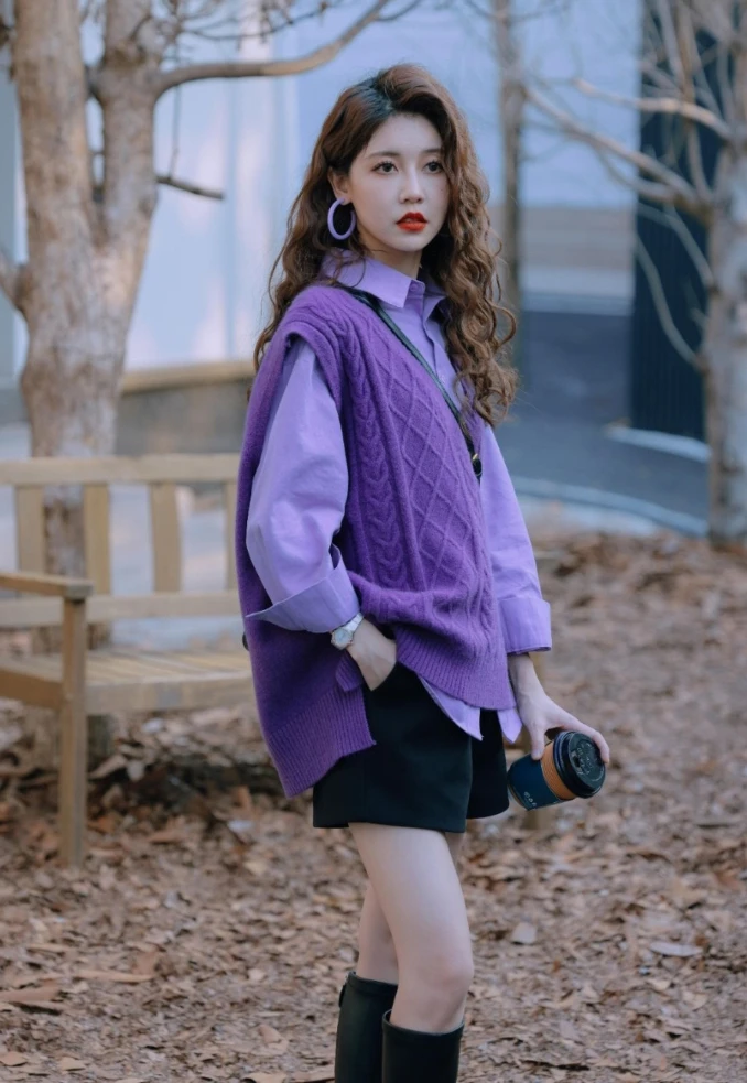 搭配一整套高级感穿搭夏季2025新款女装减龄气质紫色衬衫马甲套装