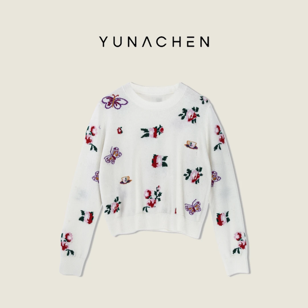 菠萝宝宝yuna【玫瑰蝶梦】100羊毛彩色蝴蝶花朵刺绣套头针织衫YH28