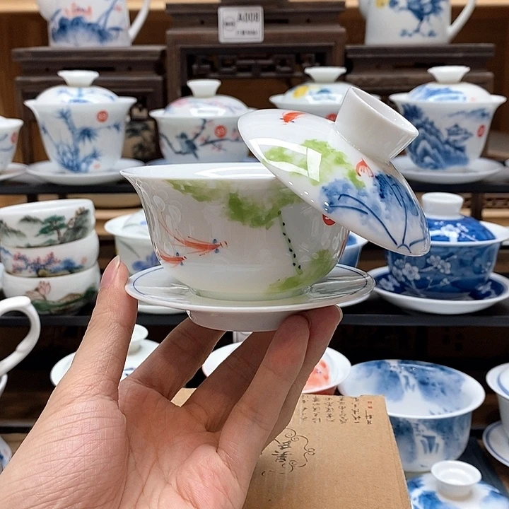 手绘五彩荷花悬停150cc釉下彩微瑕福利款