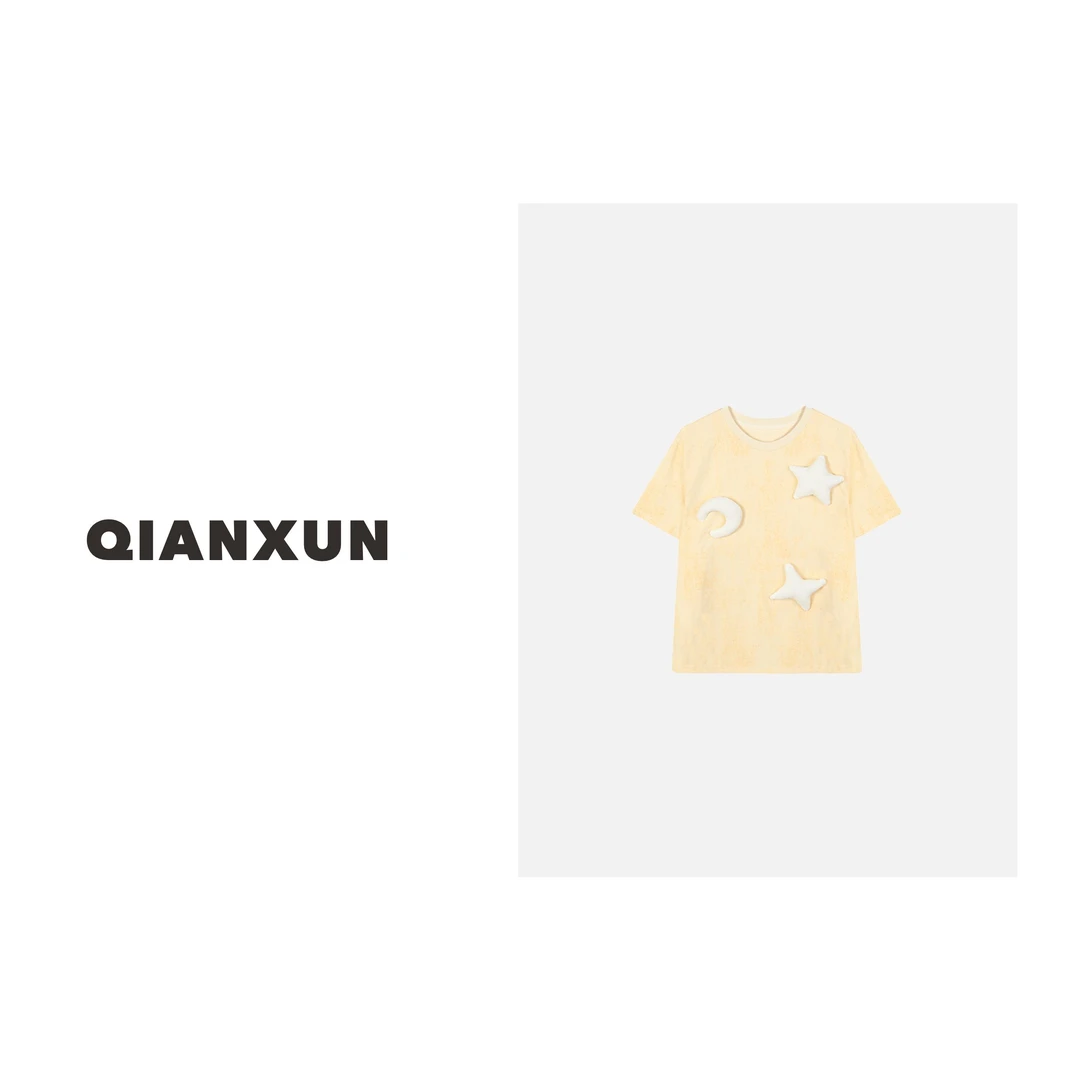 【浩哥严选】简约时尚休闲纯色短袖T恤缝制卡通趣味图案C4TX5968A