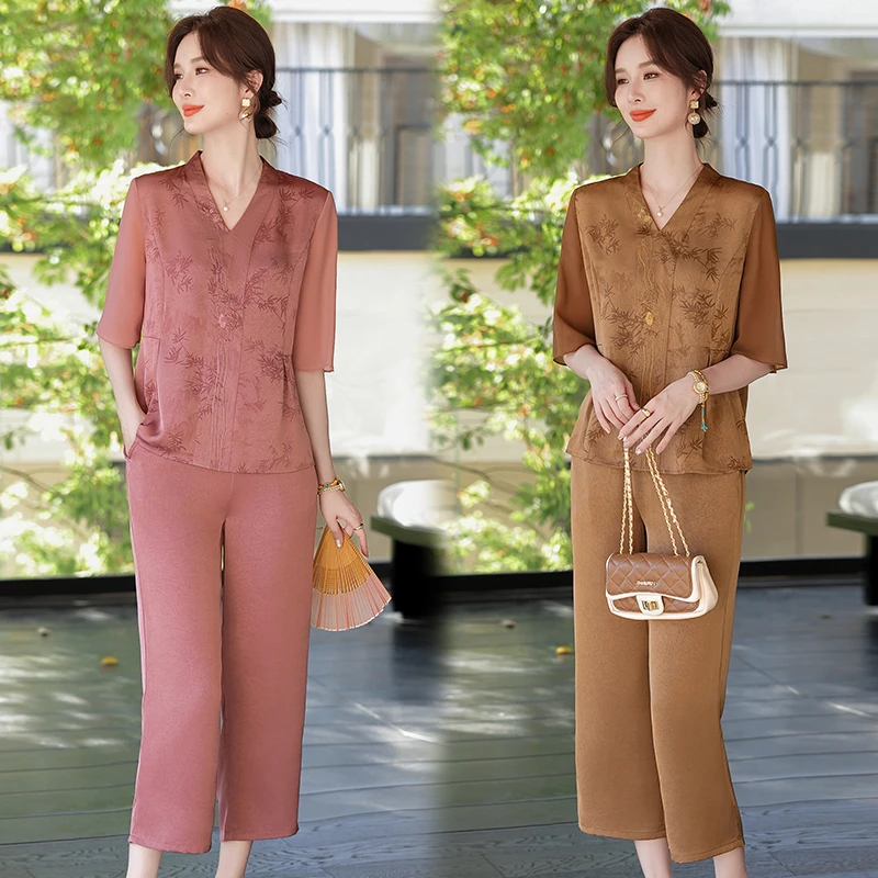 2025新款夏季母亲节时尚套装洋气中老年妈妈高贵显瘦短袖两件套