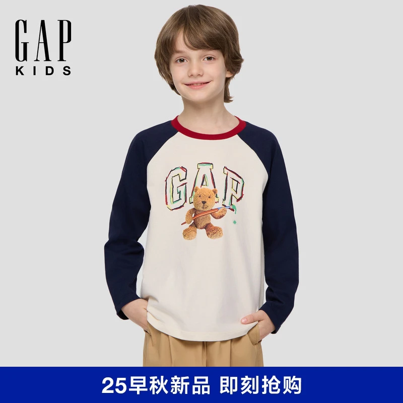 Gap男童2025秋季新款印花logo撞色棉长袖T恤宽松装805096/805329
