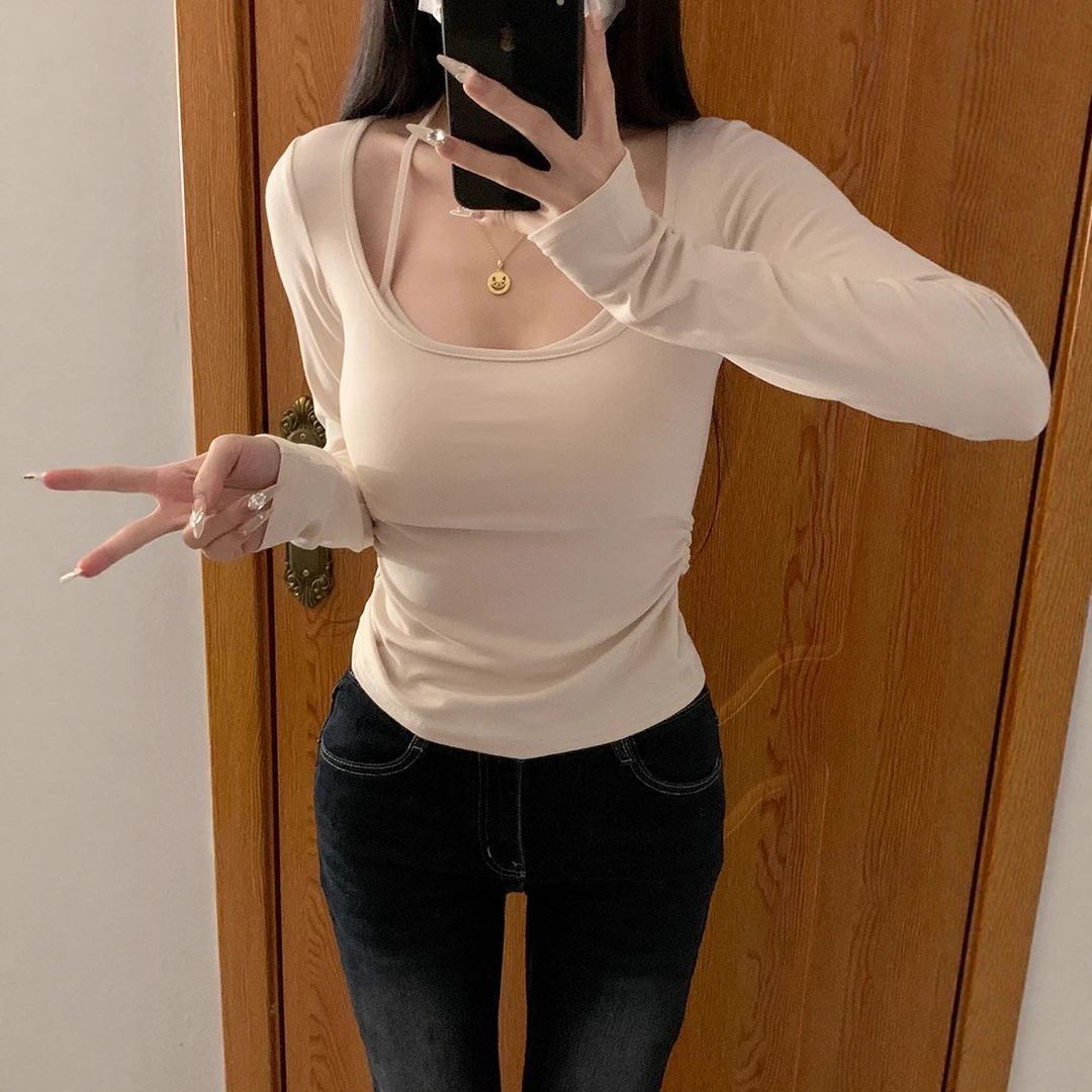 美式带胸垫挂脖假两件长袖t恤女秋冬季小众弹力修身显瘦内搭上衣