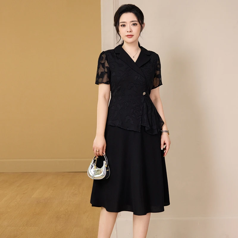22133大码女装2025夏款气质名媛提花假两件胖mm高端显瘦连衣裙