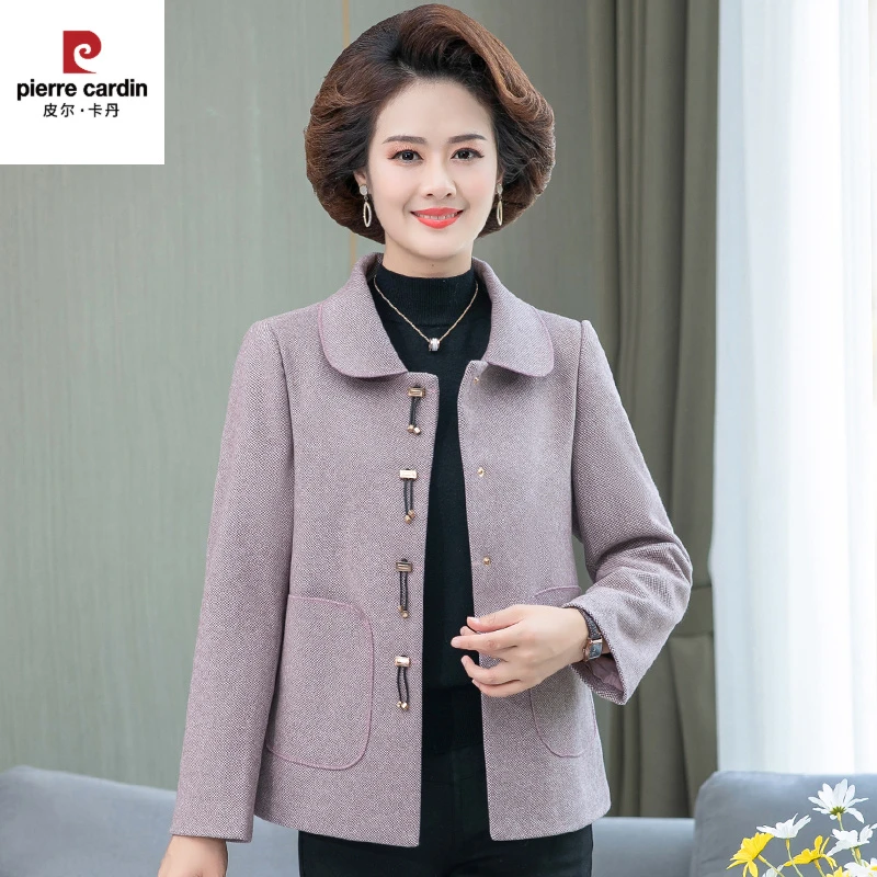皮尔卡丹中老年女装春秋装洋气毛呢外套妈妈装秋装小个子短款时尚