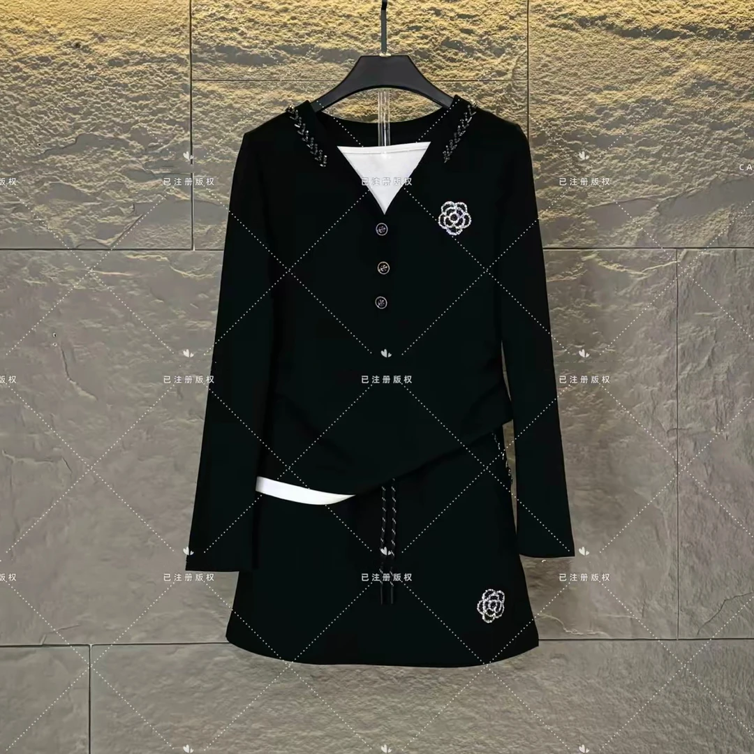 秋冬季高级感新款重工山茶花设计时尚减龄显瘦长袖套装LG077