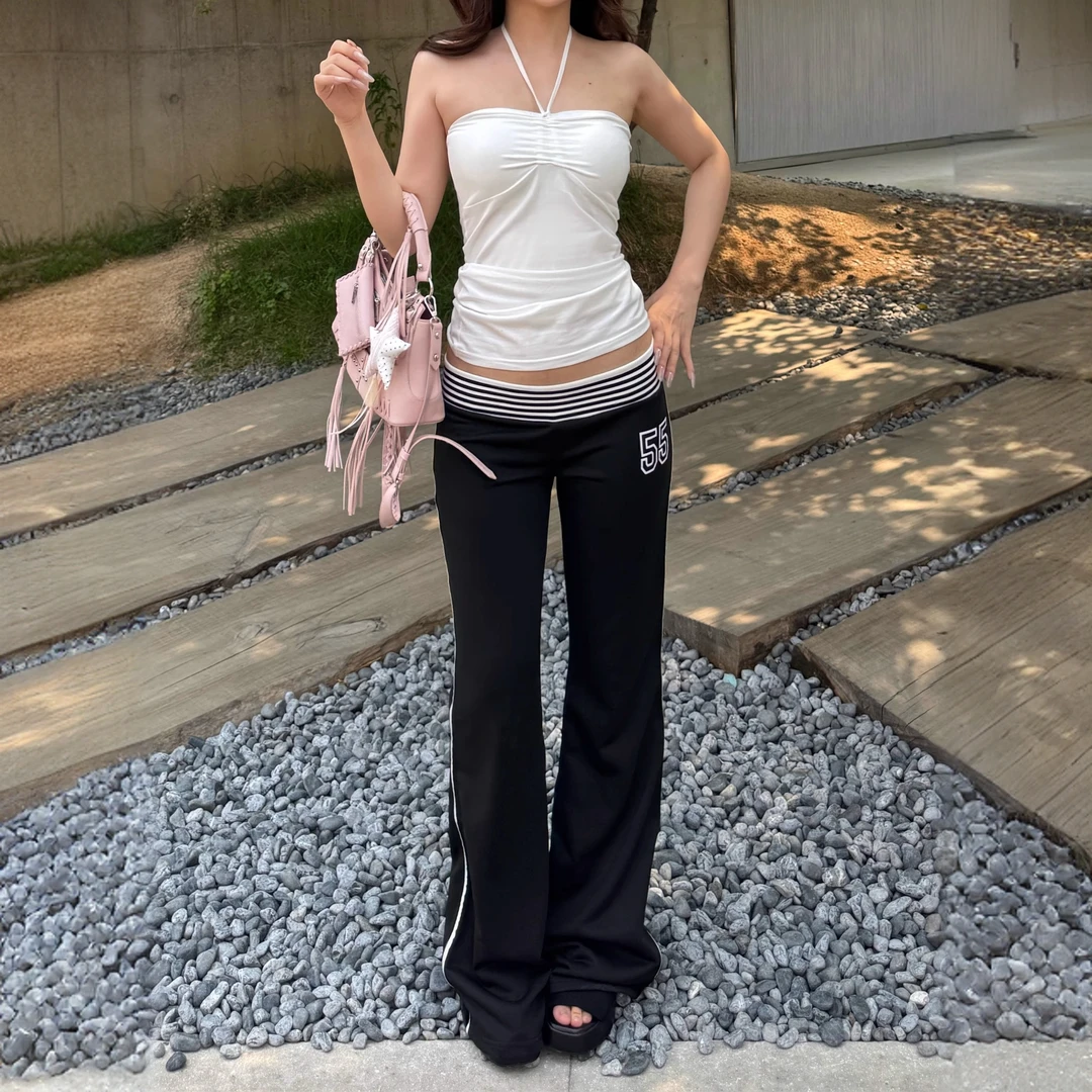 美式撞色条纹腰头休闲裤低腰辣妹裤子宽松显瘦直筒运动裤