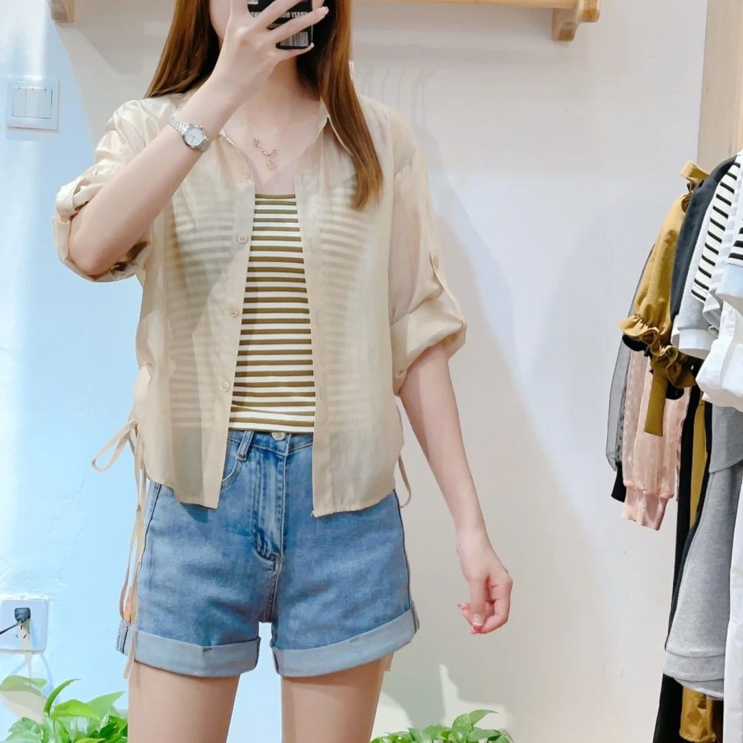 休闲衬衫女夏新款韩版宽松小个子时尚条纹吊带背心服两件套