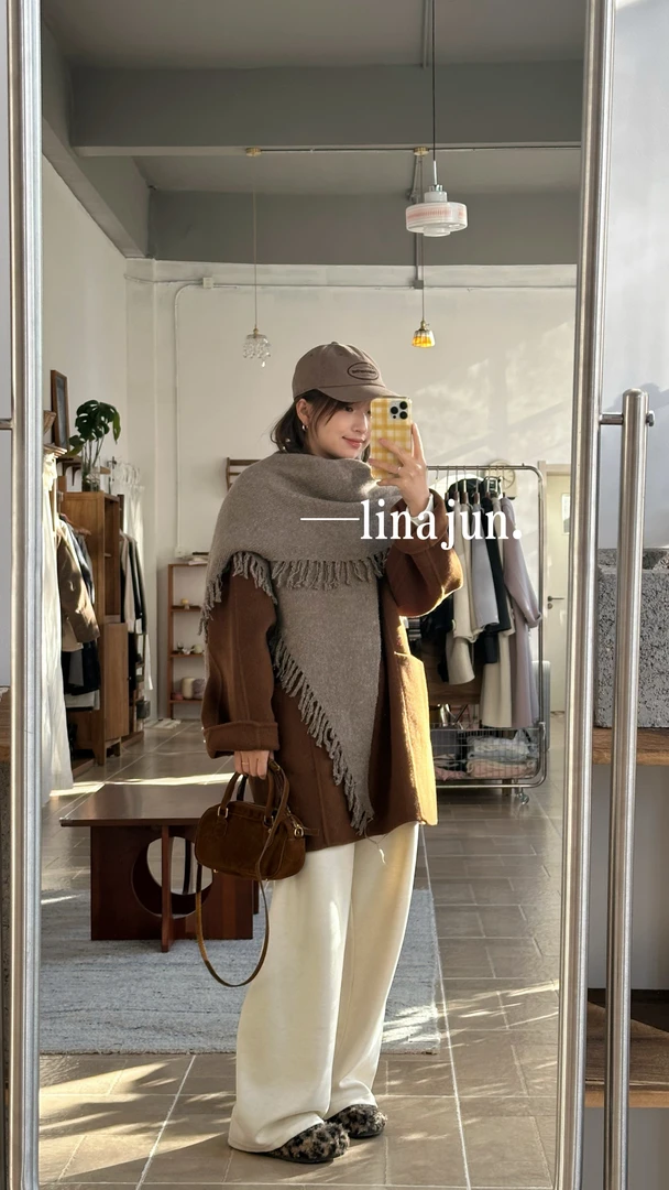 12.14《梅林》秋冬新款韩系氛围感流苏围巾焦糖色双面呢中长款大衣