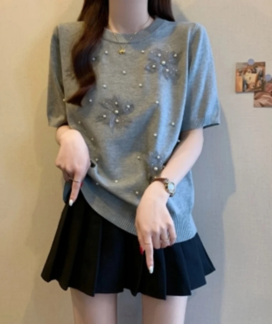 法式蕾丝花朵钉珠莱赛尔天丝针织短袖T恤女夏高级气质打底衫上衣
