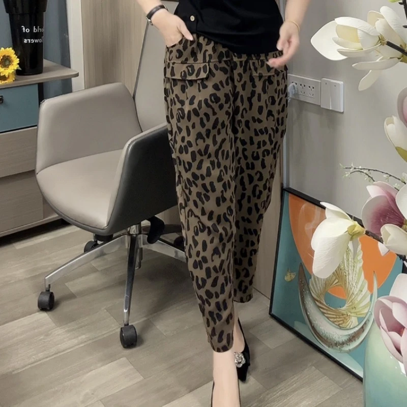 8866时尚豹纹高腰显瘦夏季女款九分萝卜哈伦休闲裤大码碎花气质