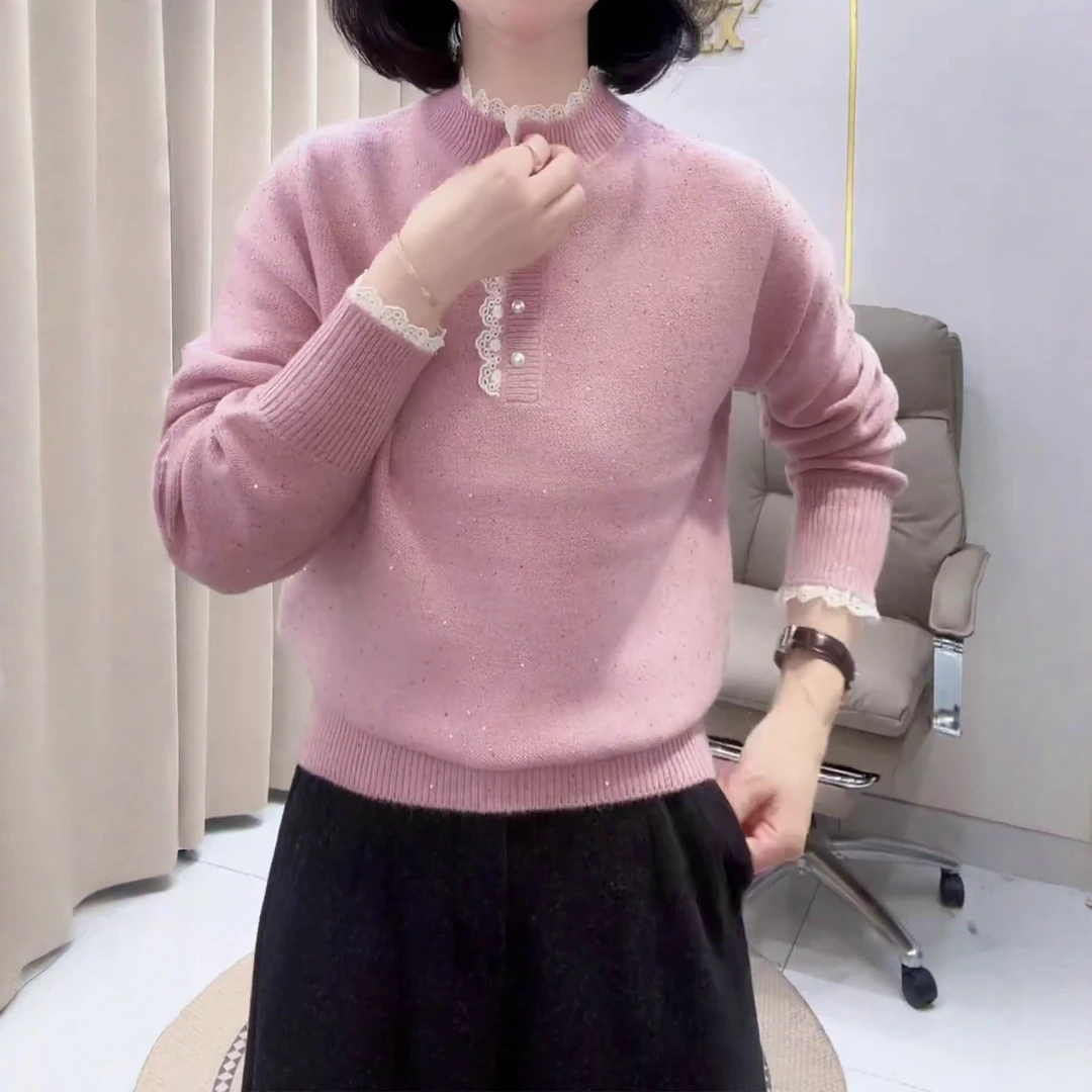时尚蕾丝花边荷叶领打底上衣2025秋冬新款极简风百搭细闪亮片毛衣