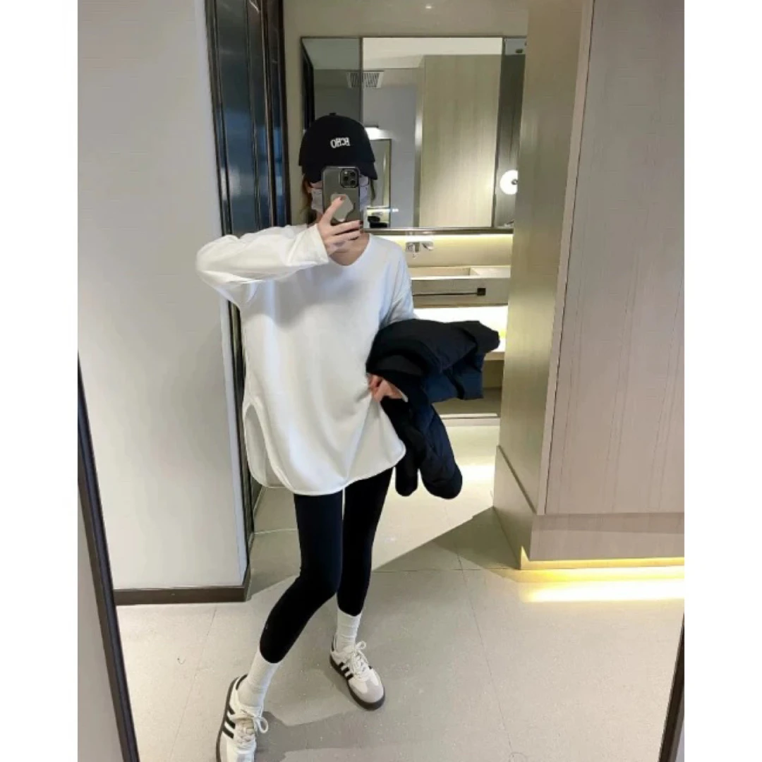 MJJ/加绒白色V领秋冬慵懒风大白T恤