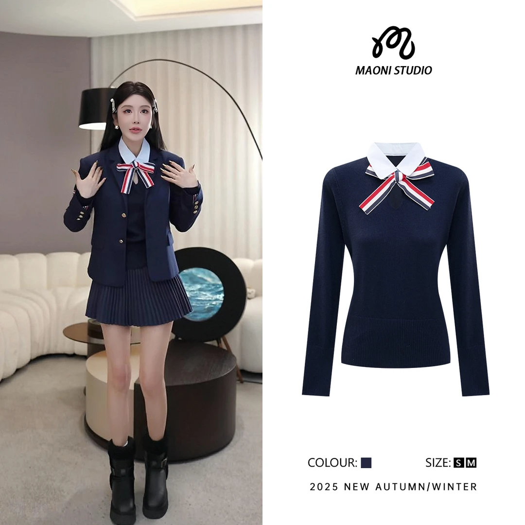 毛妮LADIESFIRST设计感针织衫假两件Polo领学院风蝴蝶结毛衣L2786