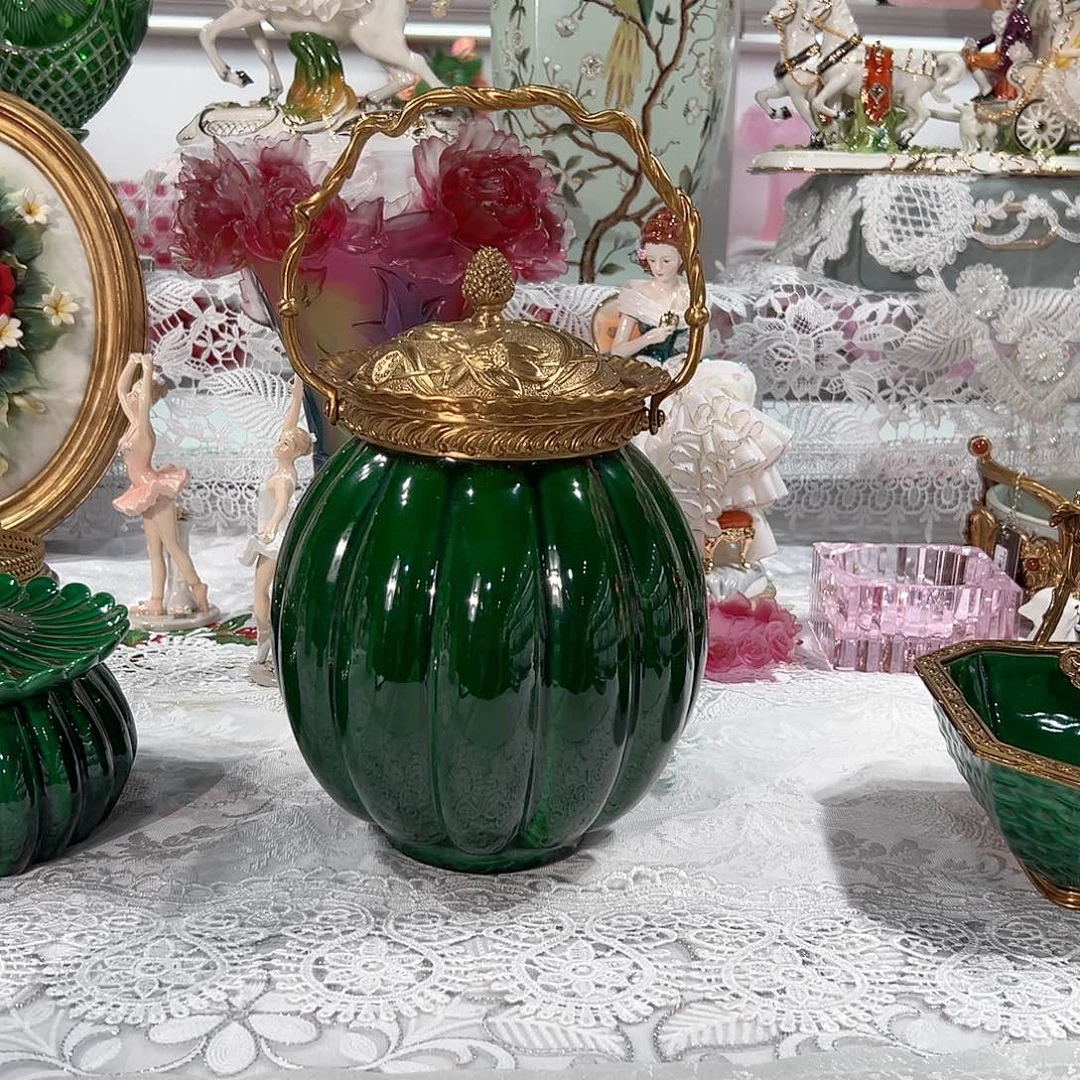 陶瓷铜配瓷祖母绿南瓜提壶收纳