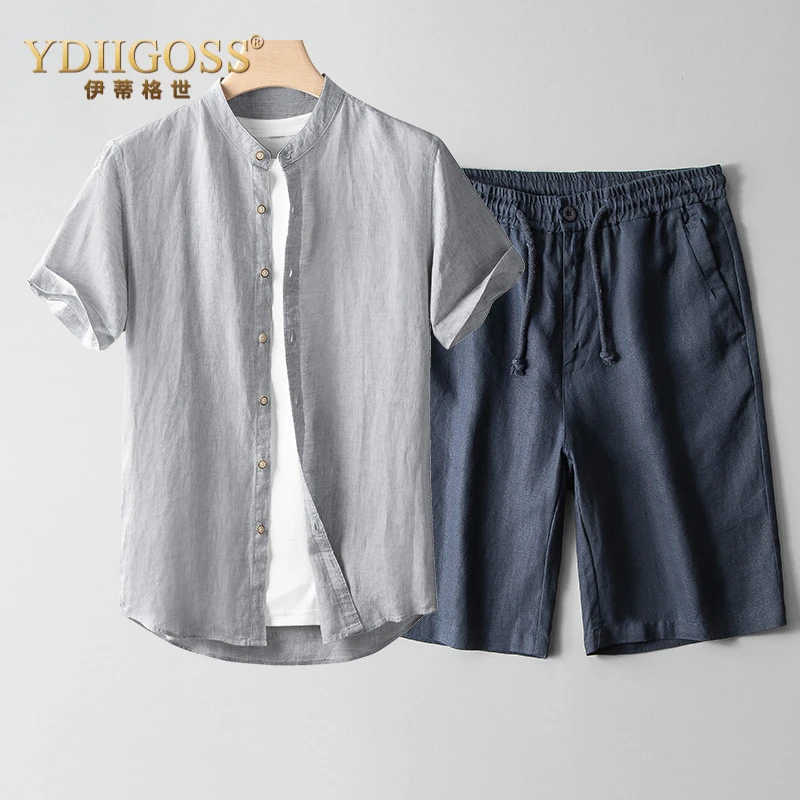 YDIIGOSS亚麻休闲套装男夏季薄款休闲运动夏装衬衫宽松两件套