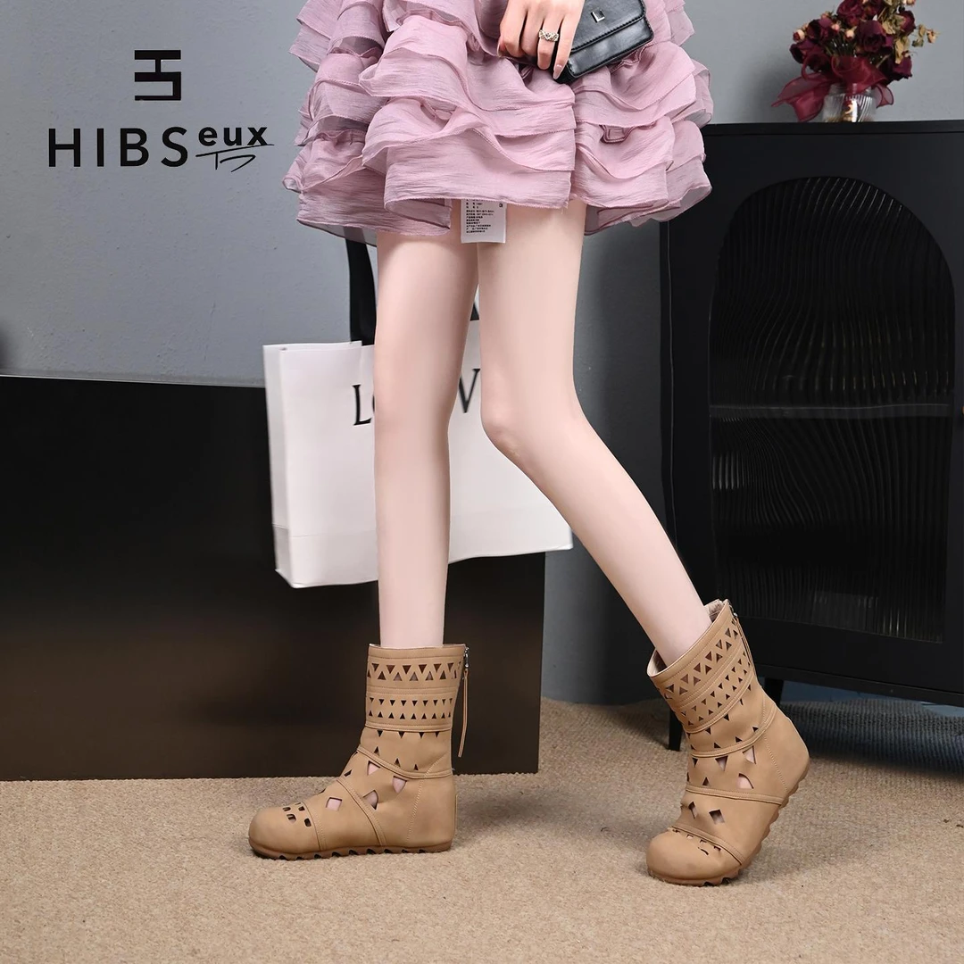 Hibseux/槿奢镂空靴子女款2025新款夏季百搭雕花中筒透气洞洞凉靴