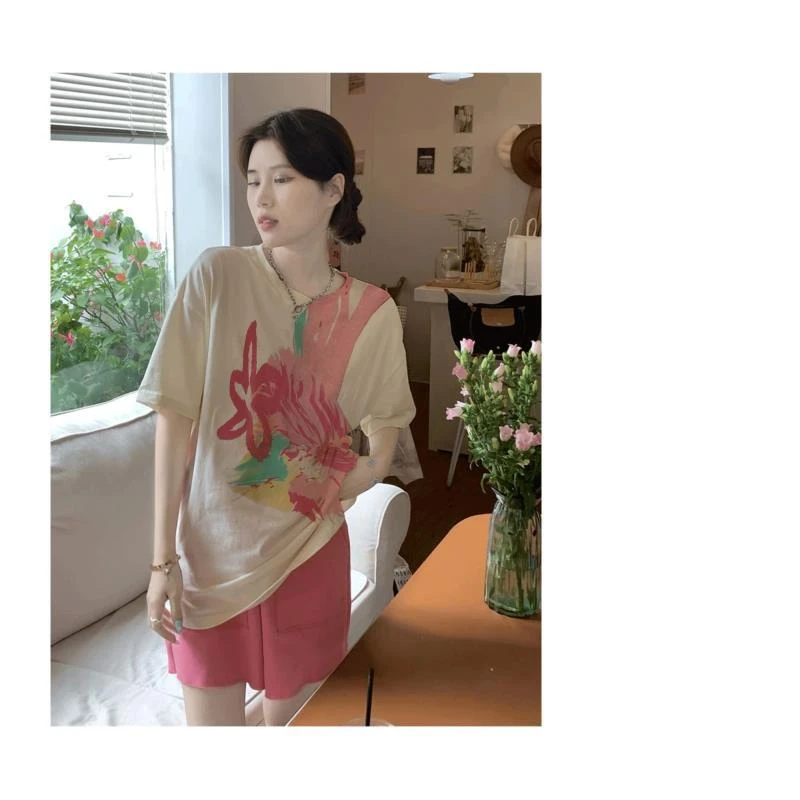 睡衣女夏款纯棉短袖短裤休闲韩版可外穿家居服套装（涂鸦花朵）