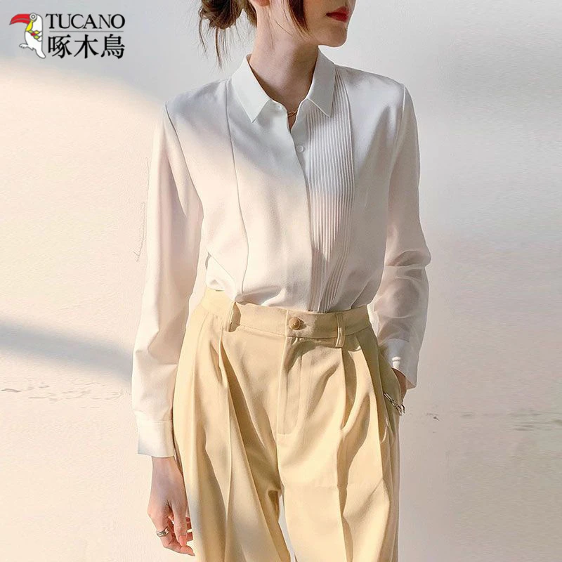 TUCANO/啄木鳥港风长袖白色衬衫女秋冬新款气质通勤百搭工装上衣