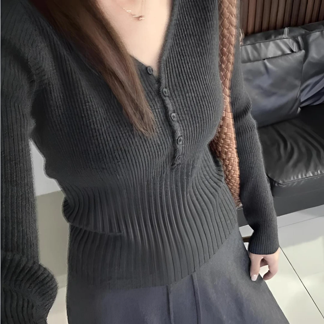 韩系灰色V领衫针织打底衫女内搭秋冬季 新款软糯收腰显瘦长袖上衣