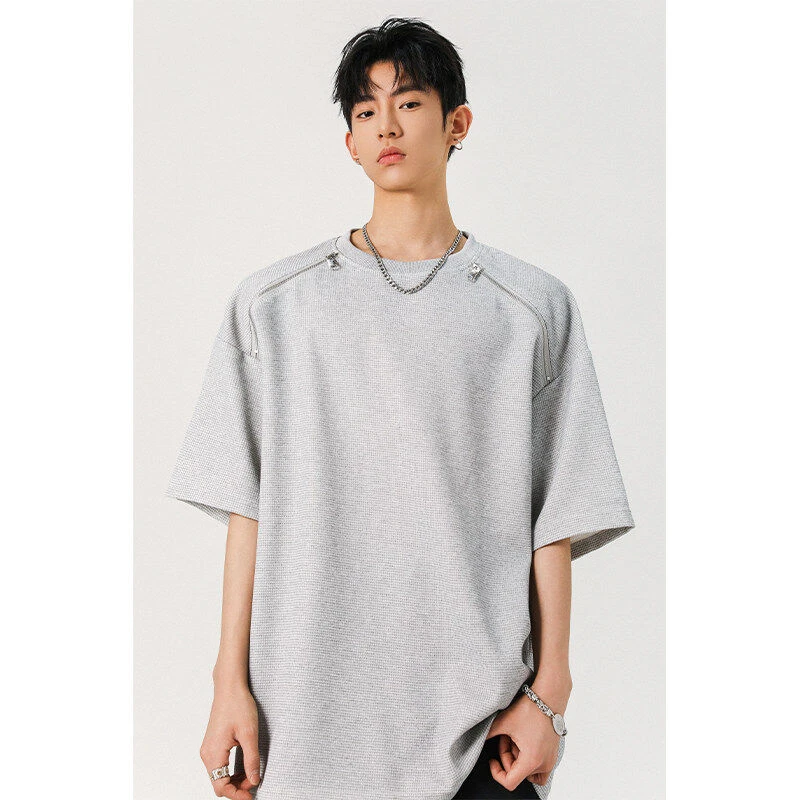 夏季华夫格短袖宽松潮牌拉链拼接休闲大码五分短袖T恤男