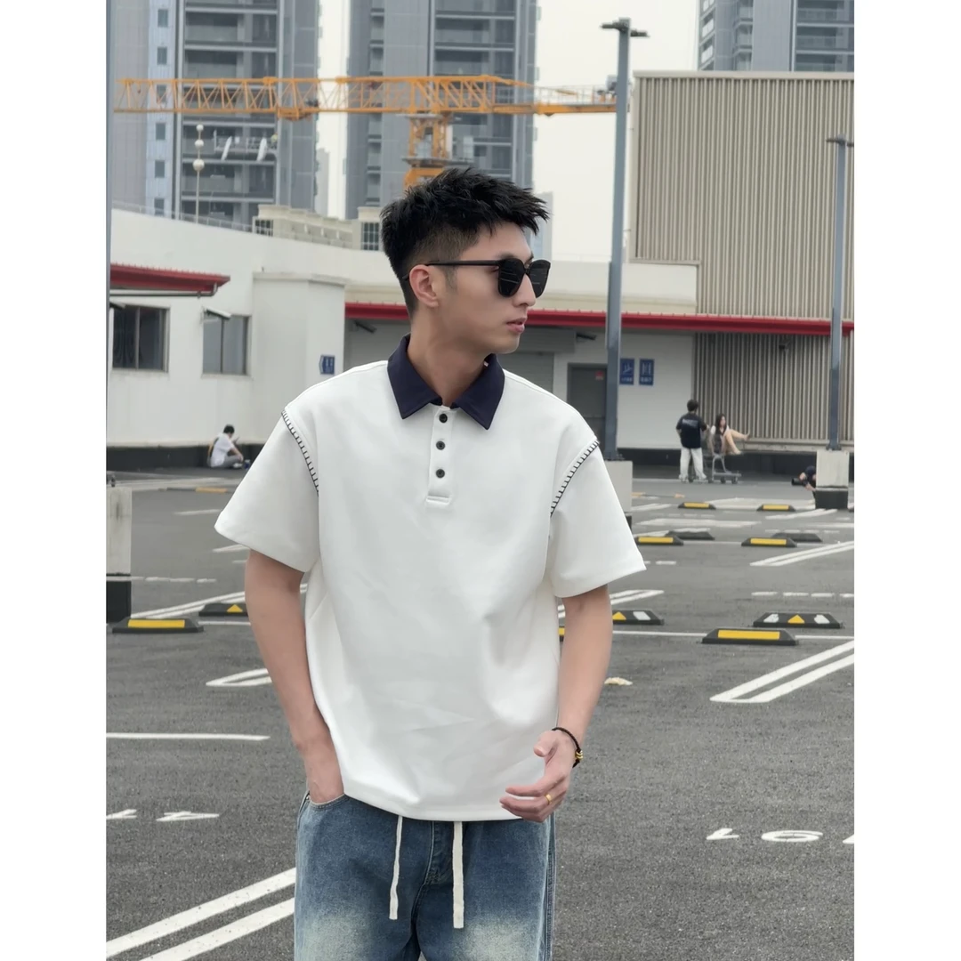 夏季新款撞色哈梭线拼接凉感透气太空棉简约百搭翻领百搭男POLO衫