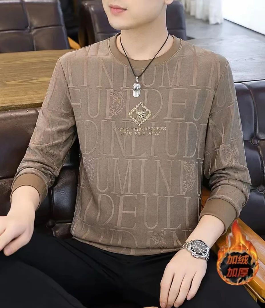 秋冬新款男士加绒加厚卫衣圆领提花休闲时尚百搭烫钻长袖男装潮