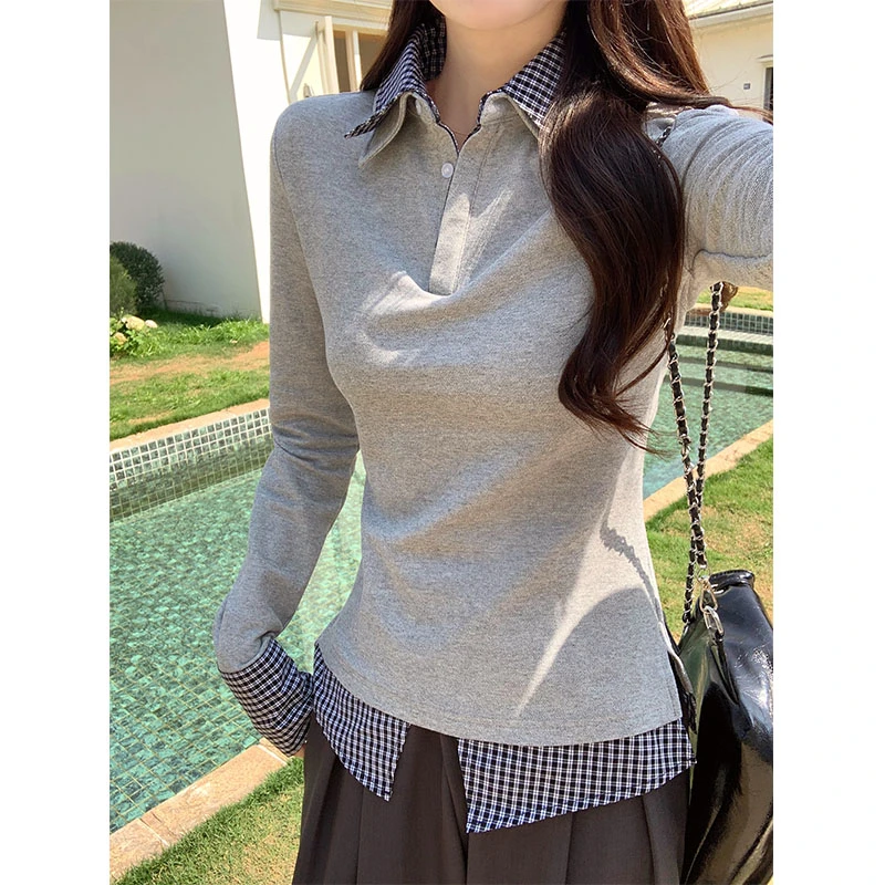 亦声学院风灰色polo领假两件长袖t恤女春季设计感修身内搭DZM