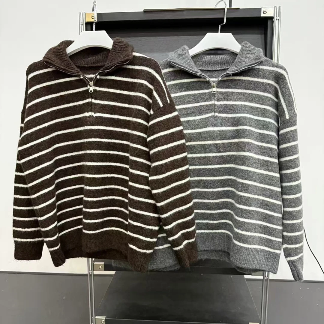 Sinbal Farm 秋季新款立领加厚半拉链条纹针织毛衣女