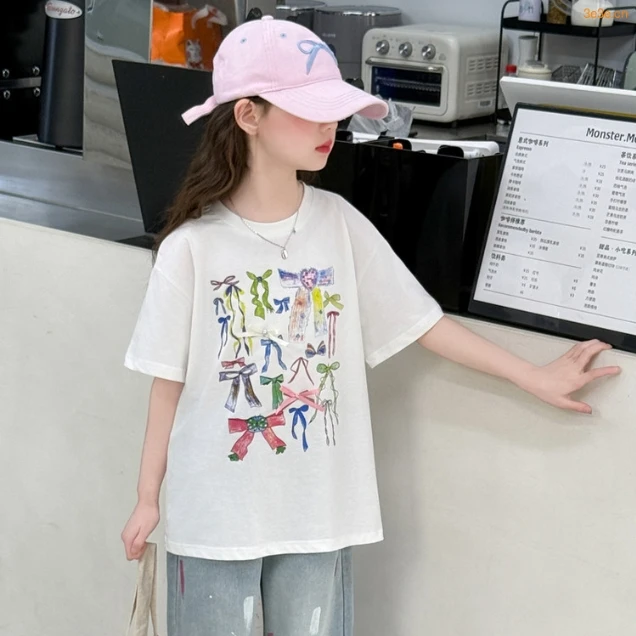 【丫丫童品】现货大童女童蝴蝶结印花短袖(NO退NO换）-K204