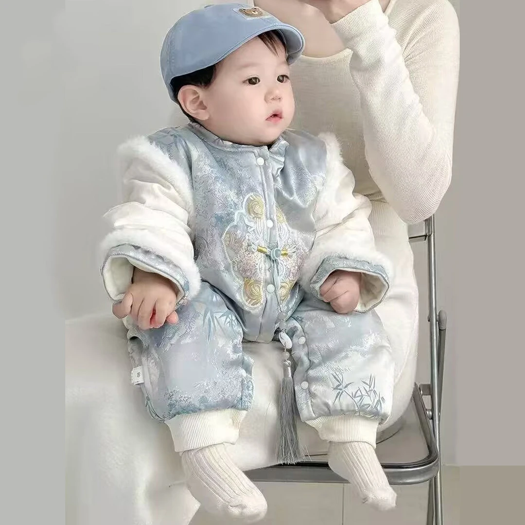 婴儿连体衣宝宝秋冬衣服加棉加厚国风哈衣洋气周岁冬季外出服棉服