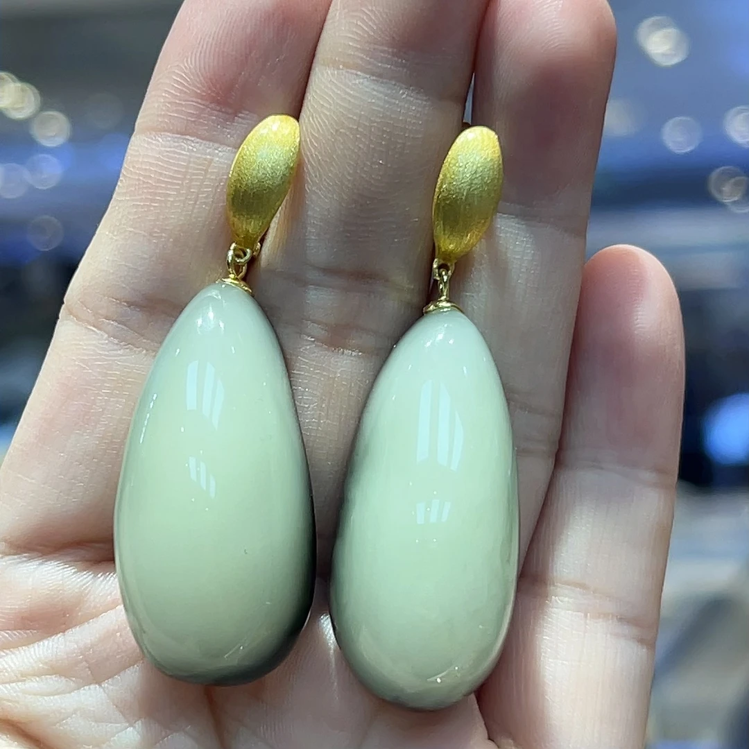 银镶嵌琥珀蜜蜡绿蜜水滴时尚气质女款耳饰耳坠