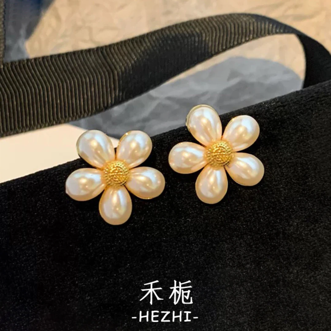 铜合金合成锆石耳饰 时尚甜美女优雅白色植物花卉耳环复古法式
