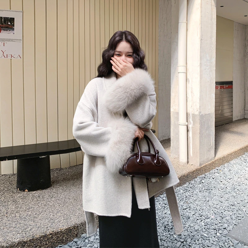 留洋千金风狐狸毛双面羊绒大衣2025冬季新款优雅气质轻奢毛呢外套