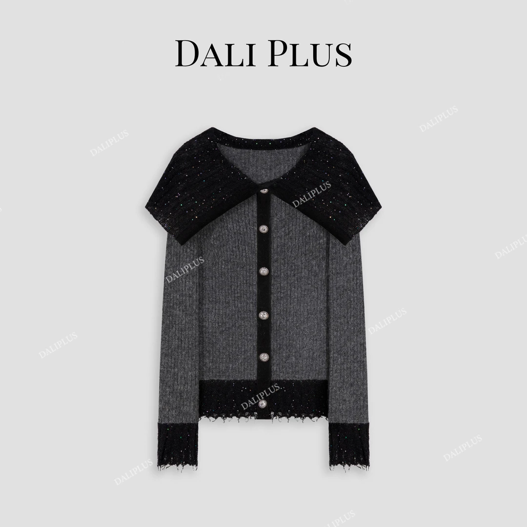 DALI PLUS马 海毛海军领拼色洋气高级感气质针织开衫-D4MM0719