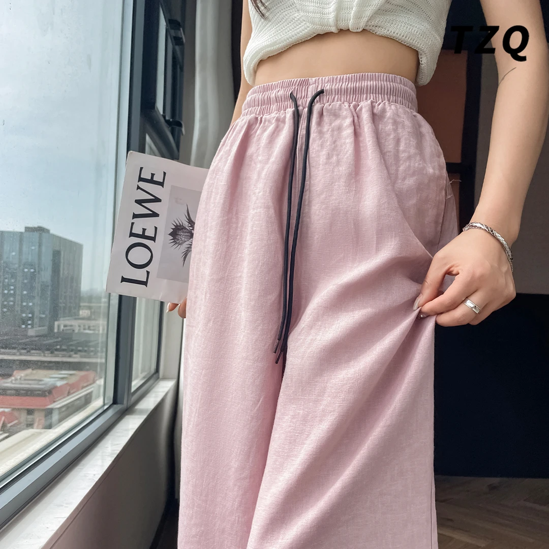 粉色少女天丝亚麻阔腿裤女2025夏季薄款百搭拖地休闲裤TZQ2561351