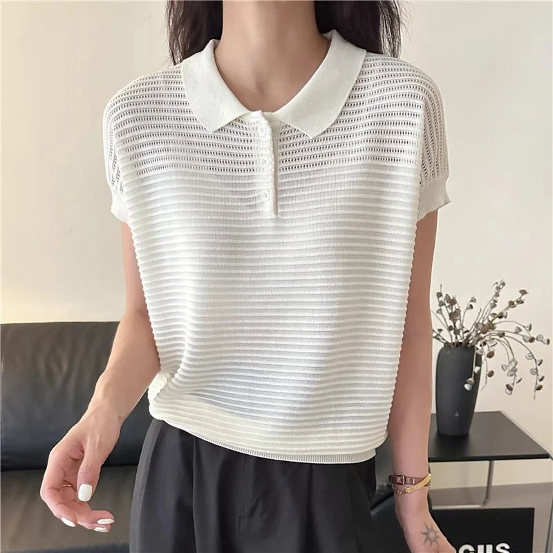 POLO领显瘦纯色休闲镂空短袖小众设计感针织