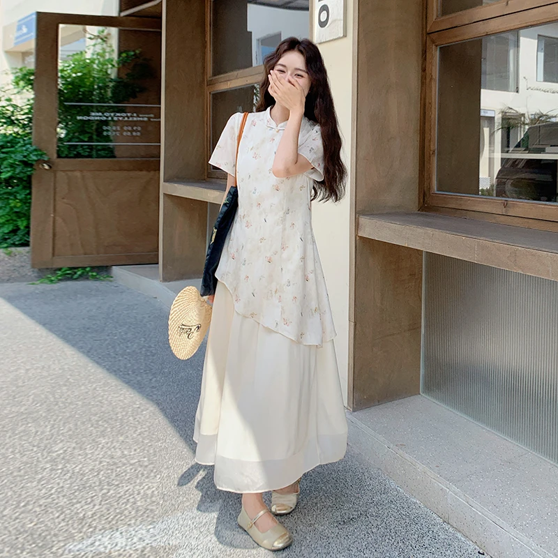 新中式国风改良旗袍连衣裙女夏2025新款法式设计感假两件碎花长裙
