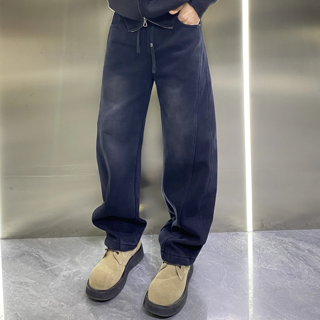 冬季小弯刀纯棉加绒软牛仔松紧腰水洗微宽松牛仔裤痞帅百搭长裤男