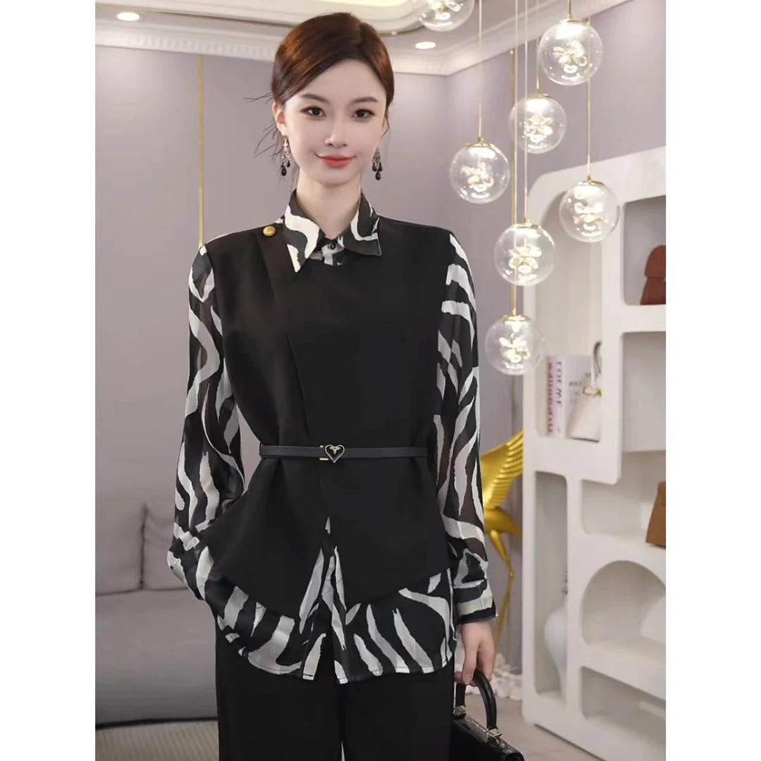 唐熹2025春季新款【6906】洋气印花时尚设计感长袖黑色拼接衬衫上衣